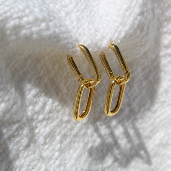 Sterling Silver Gold Chain Link Hoop Dangle Earrings - Picture 3 of 10